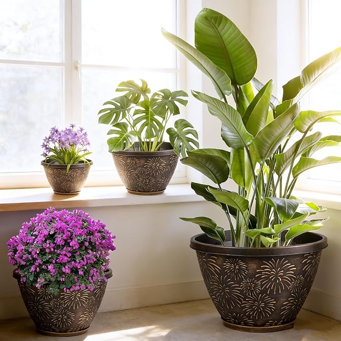 4 Pack 10 Inch Plant Pots with Drainage Holes and Saucers, Antique Gold Firework Embossed Resin Planters, Weather-Resistant Flower Pots for Indoor Outdoor Plants, Herbs, Pothos, Patio Home Decor