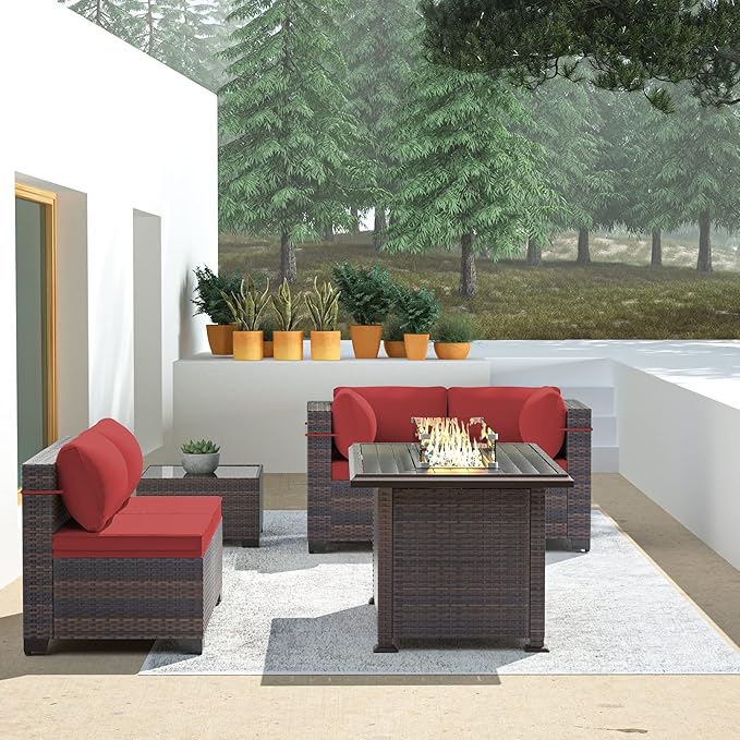 Outdoor Patio Furniture with Fire Pit Table, 6 Pieces Outdoor Furniture Patio Sectional Sofa PE Rattan Conversation Sets w/43 Propane Gas Firepit & Coffee Table for Outside (Red)