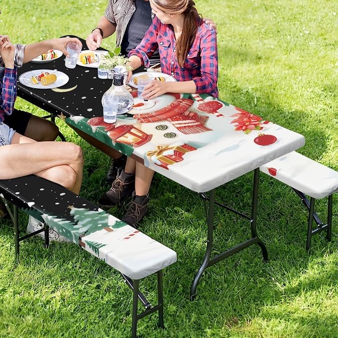 Snowman Picnic Table Cover with Bench Covers Elastic Edges, Rectangle Fitted Christmas Table Cover, Outdoor Patio Camping Essentials 72 Inch 3PCS, Waterproof Camping Fitted Tablecloth