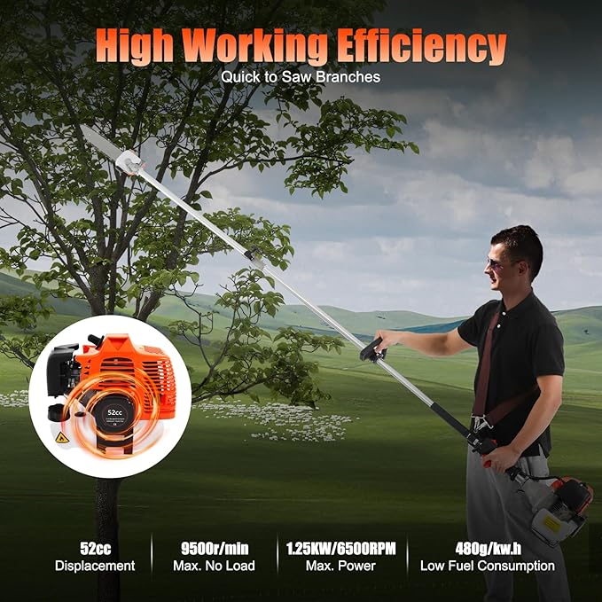 52CC Pole Saw Gas Powered,2 Stroke Gas Pole Chain Saw Cordless Tree Pruner,Extendable Chainsaw Tree Trimmer for Tree Trimming agricultur Pole Saw Gas,Hedge Trimmer W/Extension Pole & Back Strap