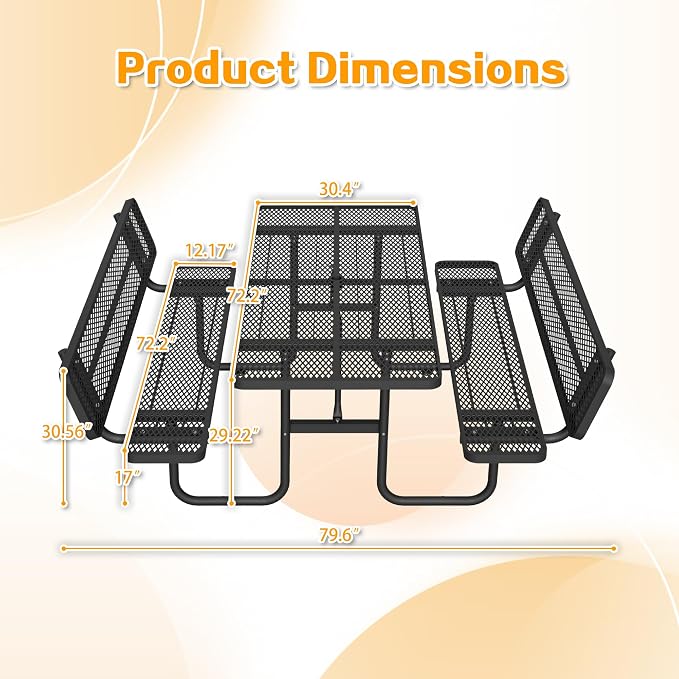 72" Heavy-Duty Iron Mesh Picnic Table Set with Backrest Black | 1.73'' Umbrella Hole, Commercial-Grade Outdoor Table for Patio, Garden or Park–Rust-Resistant, Heat-Proof, All-Season Use