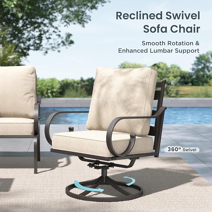 PHI VILLA Patio Furniture Set, 3-Seater Sofa, 2 Swivel Chairs and a 45" Fire Pit Table, Outdoor Metal Conversation Set with 5.75" Extra Thick Cushion for Garden Backyard Deck, Beige