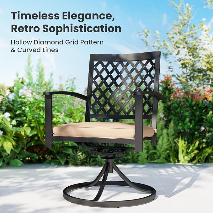 PHI VILLA 5 Pcs Outdoor Dining Set for 4&Round Metal Table | Table w/ Umbrella Hole & Swivel Wrought Iron Chairs w/h Cushions, Large Modern Furniture for Patio, Deck, Backyard, Porch