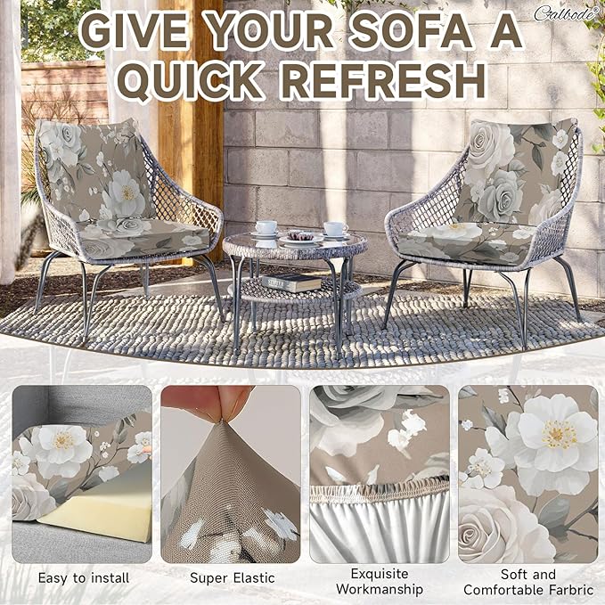 CALBODE 12Pcs Stretch Patio Cushion Cover, Vintage Floral Printed Couch & Sofa Slipcovers for Patio Furniture Cushions Washable Reusable Couch Covers Replacement for All-Season (Cover Only)