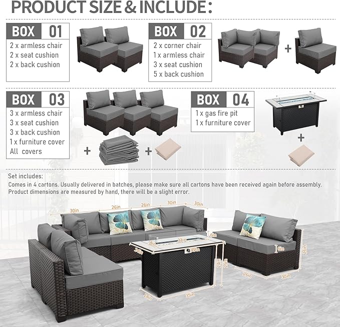9 Pieces Wicker Patio Furniture Set Outdoor PE Rattan Sectional Conversation Sofa Set with Grey Cushions and 45 Gas fire Pit Table