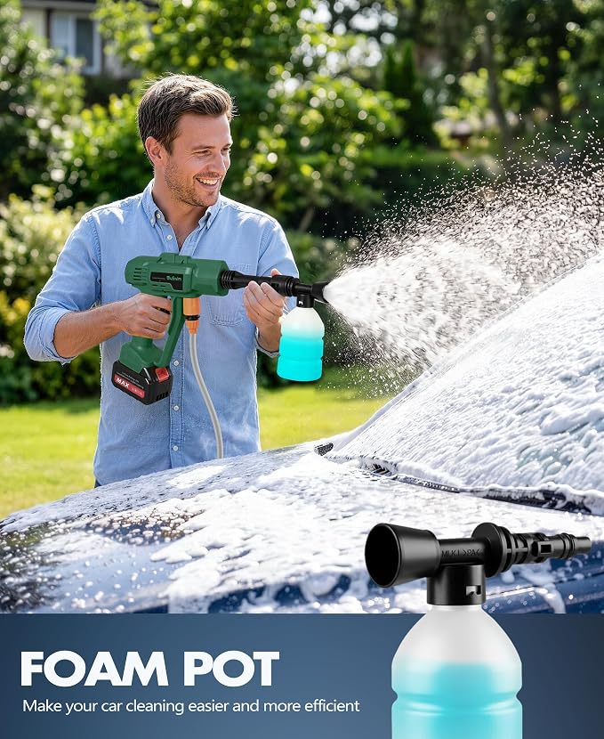 BluSwim Cordless Car Cleaning Tool with LCD Display, Portable Vehicle Cleaner with Brushless Motor, 3 Levels Adjustable Battery Powered Water Sprayer with 16.5FT Hose, 6-in-1 Nozzle for Patio - Green