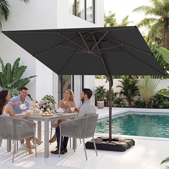 HASLE OUTFITTERS 10x10 FT Patio Cantilever Umbrella with Base, Outdoor Offset Large Heavy Duty Umbrellas with 360° Rotation for Pool Garden Deck，Black