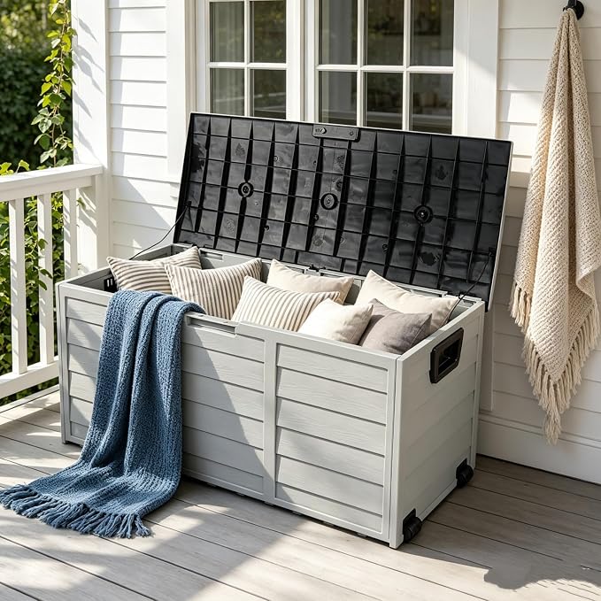 75 Gallon Waterproof Outdoor Deck Box with Wheels, Lockable Resin Patio Storage Container for Cushions, Garden Tools, Pool Accessories and Outdoor Supplies, Black Grey