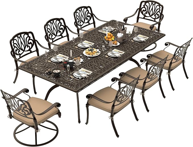 9-Piece Outdoor Dining Set, Retro Bronze Cast Aluminum Patio Furniture Include 86.6" Rectangle Table and 8 Fixed Chairs with Cushion and Umbrella Hole for Patio Deck Garden