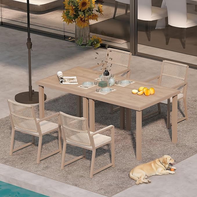 6 Pieces Outdoor Dinning Set Featuring 2 Aluminum Tables and 4 Iron Alloy Ratten Chairs Waterproof and Rust-Proof Courtyard Style Table Garden Balcony Poolside, Light Brown 6 Pcs