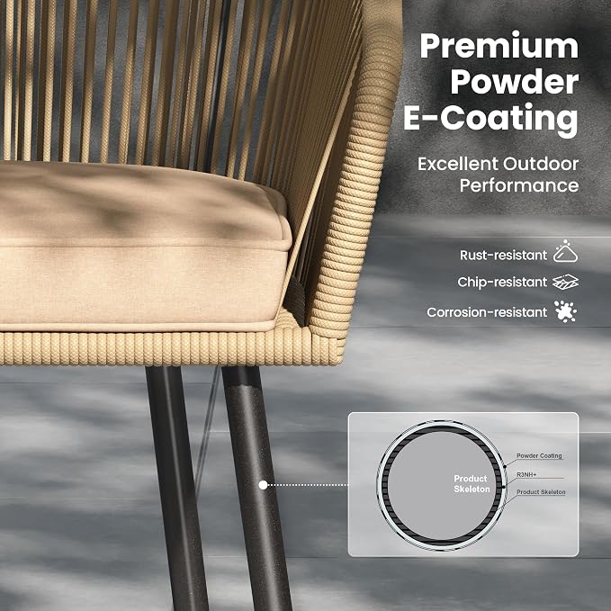 PHI VILLA 5-Piece Patio Dining Set, 37" Square Table, Wicker Chairs | Outdoor Dining Set for 4, Metal Table with Umbrella Hole, Cushioned Brown Rattan chairs. Modern design for patio, deck, porch