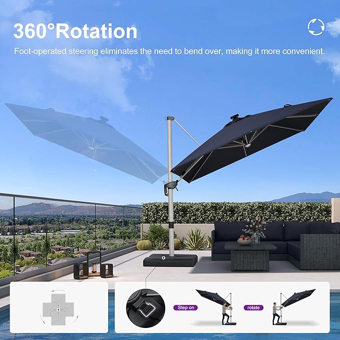 PURPLE LEAF Patio Umbrella with base 9' X 12' Outdoor Rectangle Cantilever Umbrella Solar Powered LED with 360-degree Rotation for Garden Deck Pool Patio, Navy Blue