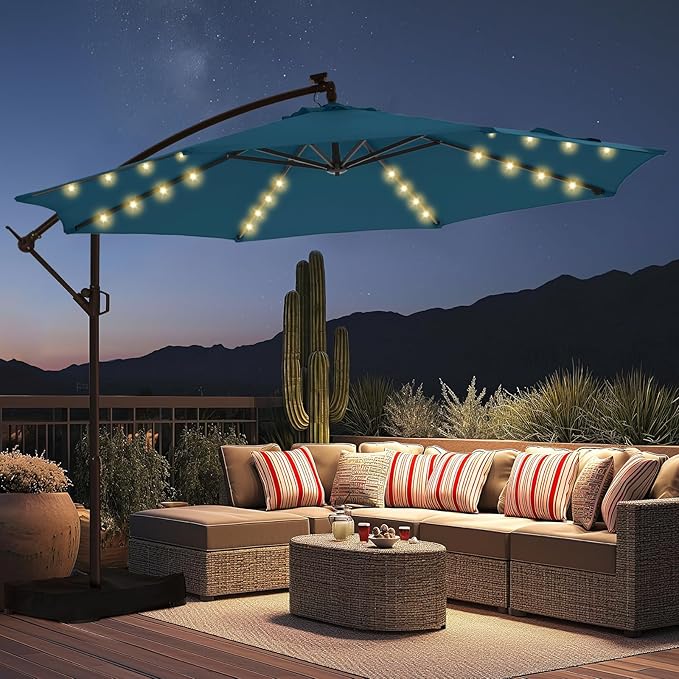 HOMSHADE 10ft Solar Lights Offset Cantilever Patio Umbrella - with Light and Base, LED Lighted Offset Hanging Patio Outdoor Market Umbrella UPF50+ UV Protection with Easy Tilt and Crank (Peacock Blue)
