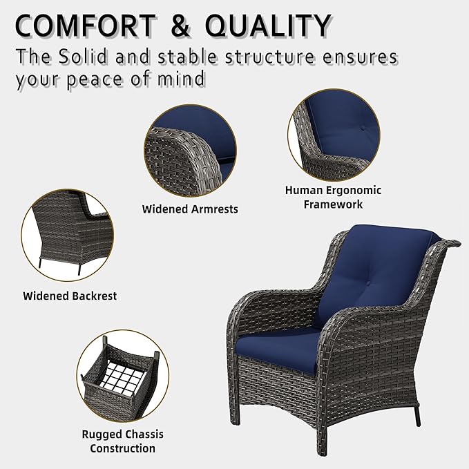 5 Pcs Patio Furniture Set with Fire Table-31'' Fire Pit Table, 4 Outdoor Rattan Wicker Conversation Chairs (4 Fixed Chairs) (Blue)
