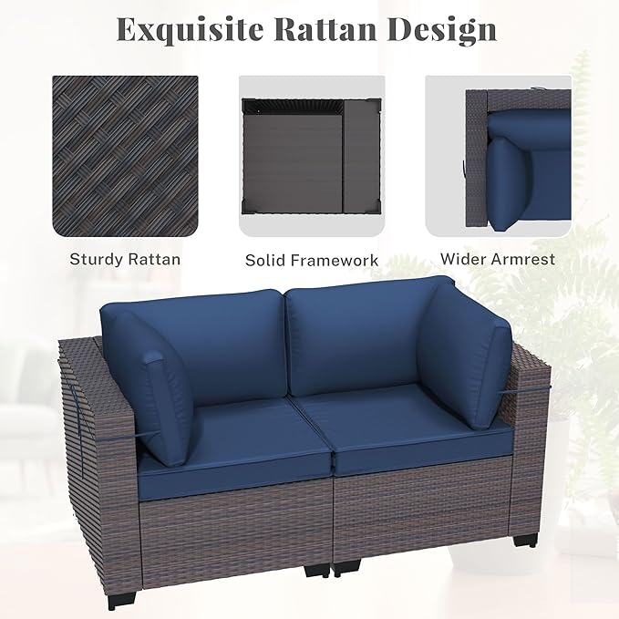 Patio Furniture Set with Aluminum Fire Pit Table 8 Pieces Outdoor Sectional Sofa Set,PE Rattan Wicker Patio Conversation Set w/43in 55000 BTU Propane Fire Pit Table,NavyBlue