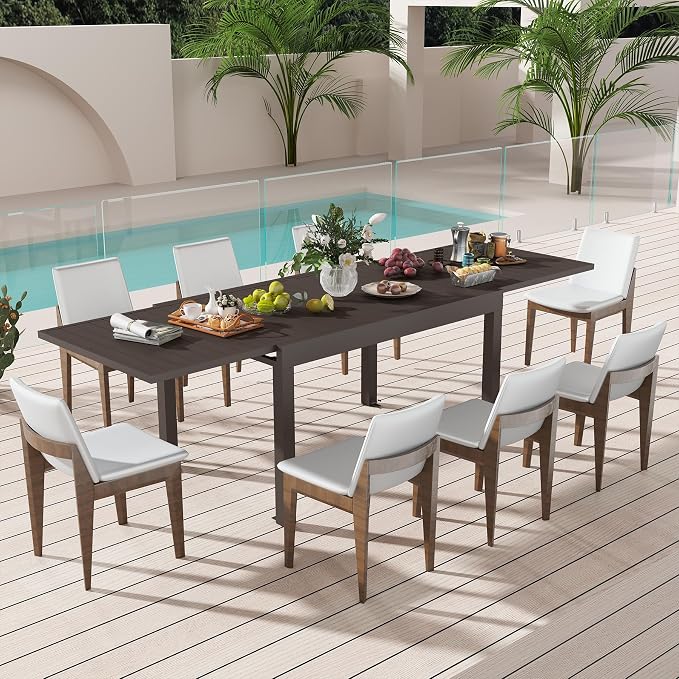All Aluminum Expandable Patio Dining Table for 6-8 People, Extendable Outdoor Dining Room Table, All Weather Patio Furniture, Rectangular Metal Table with Adjustable Width 53"- 106", Dark Brown