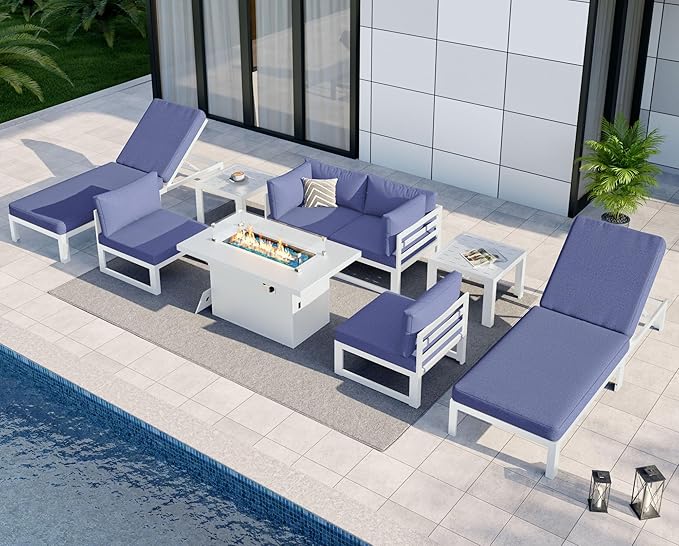 NICESOUL 9 Pcs Oversized Modern Aluminum Patio Furniture Set, All Weather Modular Sectional Sofa with Chaise & Fireplace, 500 lbs Heavy Duty Comfortable Outdoor Couch for Poolside Backyard, Denim Blue