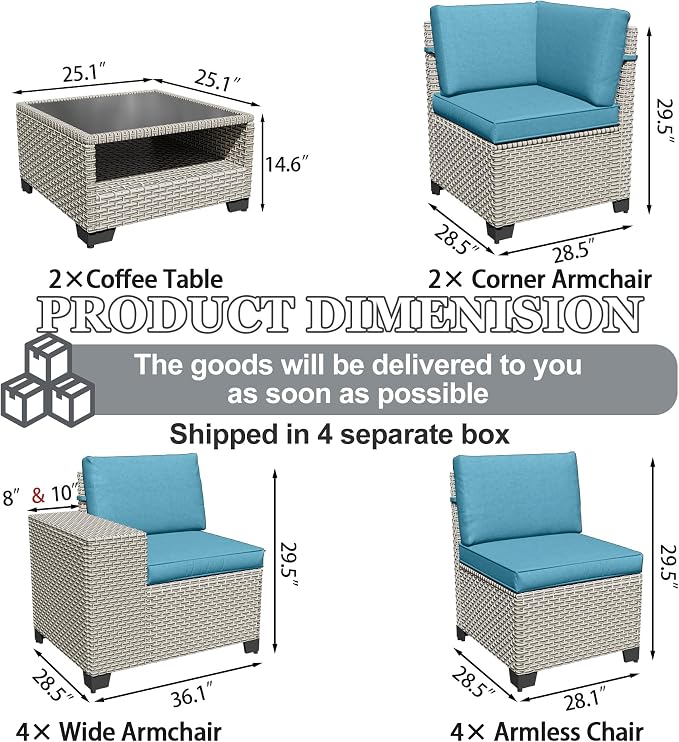 12-Piece Outdoor Patio Furniture Set, Modular Sectional Sofa Set with Glass Coffee Table and Cushions, Wicker Outdoor Couch Conversation Sets, Turquoise