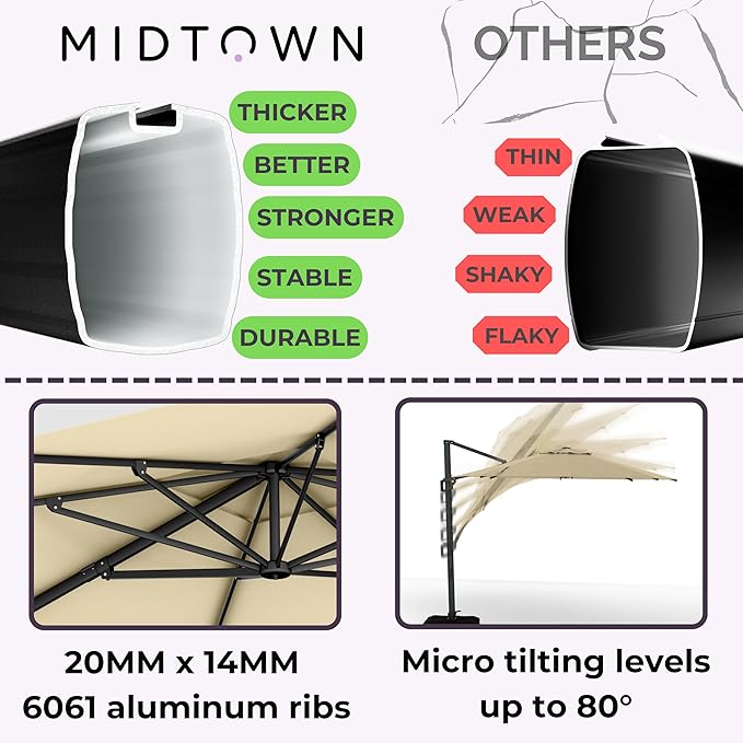 Midtown Umbrellas The Grande Square 9 x 9 FT Outdoor Cantilever Patio Umbrella w/Terylast Chestnut (Beige) Polyester Fabric - 8 Rib Frame Offset w/Tilt & 360° Rotate Pedal System - Black Frame