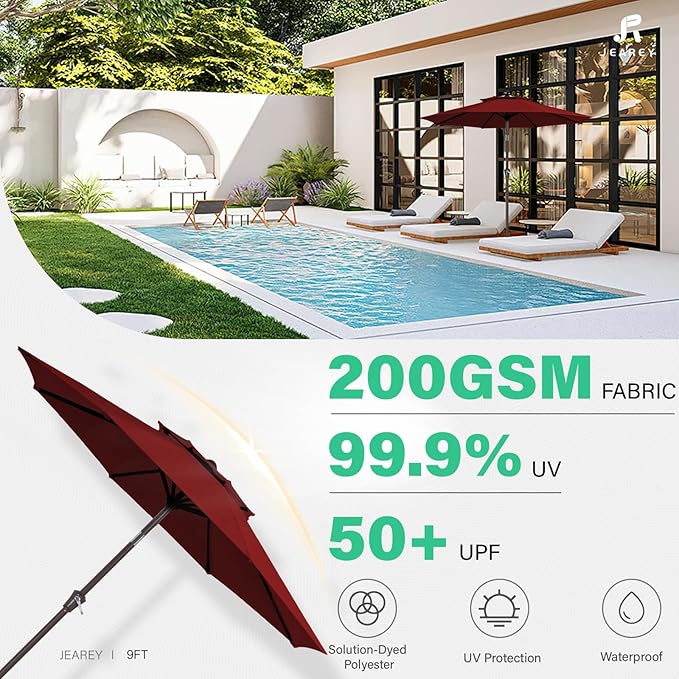 JEAREY 9 ft 2-Tiers Patio Umbrellas Outdoor Table Market Umbrella w/Push Button Tilt/Crank, 8 Sturdy Ribs, UV Protection Waterproof Sunproof(Red)