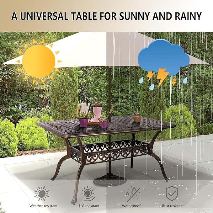 Grepatio Patio Dining Table Outdoor Cast Aluminum Rectangular Table Weather-Resistant People Party Large Table with 2" Umbrella Hole for Lawn Backyard Garden, Black and Bronze 59.06“x35.24"x28.35"