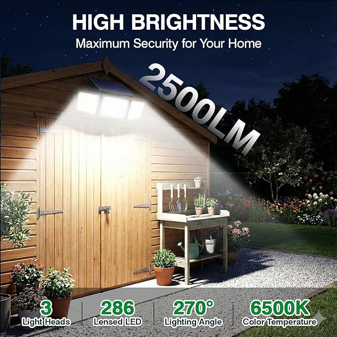 Solar Outdoor Lights Motion Sensor, 2500LM 286 LED Security Flood Lights with Visual Battery & Mode Display, 3 Lighting Modes, IP65 Waterproof 3-Head Wide Angle for Garage, Yard, Patio (4 Pack)