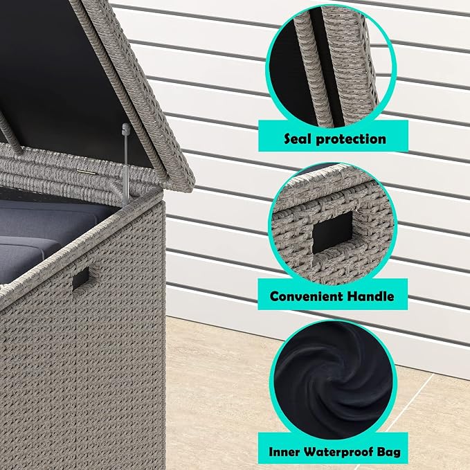 Lepus Large Waterproof Resin Wicker/Rattan Deck Box with Handles, Outdoor Storage Container For Patio, Pool, Garden, 130 Gallons, Gray