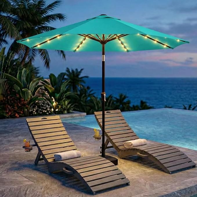 Kingdura 9FT Outdoor Patio Umbrella with Solar Lights, Market Table Umbrella with Push Button Tilt & Crank, 8 Sturdy Ribs, 32 LED Lights, UV Protection for Garden Lawn Deck Backyard Pool (Tiffany blue)