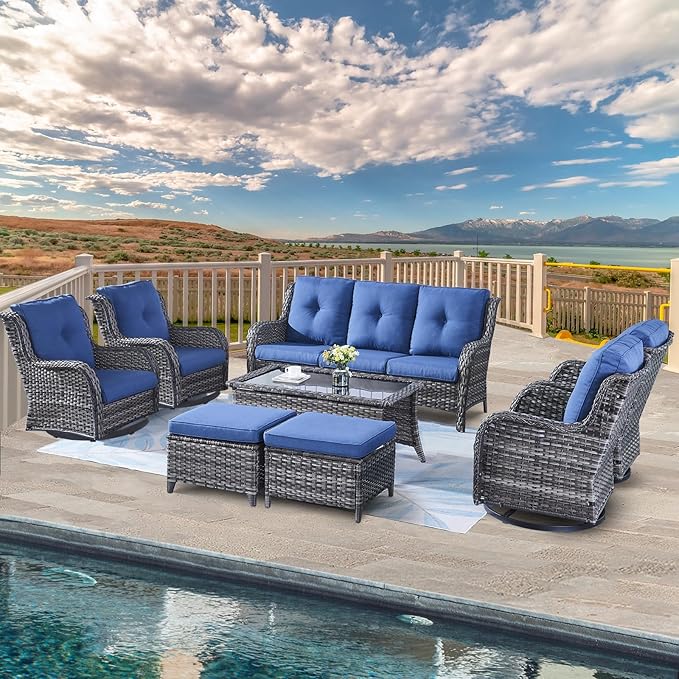 Belord Wicker Patio Furniture Sets - 8 Piece Outdoor Furniture Rattan Conversation Sets with 4 Swivel Rocker Chairs, Rattan Sofa, Wicker Ottomans and Coffee Table, Mixed Grey/Blue