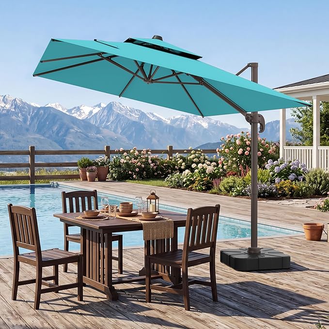 10x10 FT Patio Cantilever Umbrella (Base Not Included) (Base Not Included), Rectangular Heavy Duty Offset Umbrella for 6-8 People, 360°Rotation & Mult Tilt, Double Top Design, for Pool Garden Deck (Turquoise)