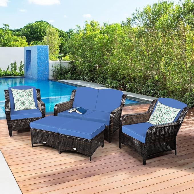 Tangkula 5 Pieces Patio Furniture Set, Outdoor Rattan Conversation Sofa Set with Loveseat, Single Sofas and Ottoman, Sectional Sofa Set with Removable Cushions for Porch, Backyard, Balcony, Lawn