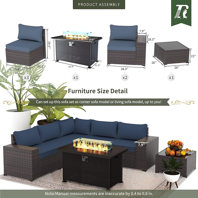 7 PCS Outdoor Patio Furniture Set,Outdoor Sectional Furniture with 43" 55000 BTU Gas Propane Fire Pit Table,All Weather PE Rattan Wicker Patio Conversation Set,Navy Blue