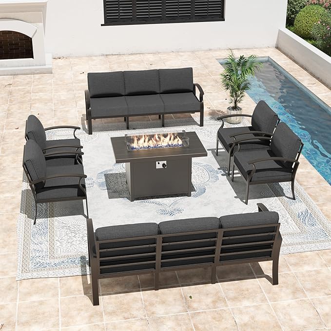 Metal Outdoor Patio Furniture Set for 10,Aluminum Patio Sectional Set w/Propane Fire Pit Table,Outside Furniture w/Removable Sponge Cushion for Porch, Balcony, Yard,Black