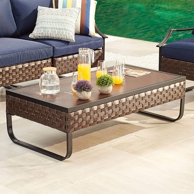 Rectangle Patio Coffee Table Outdoor Wicker Furniture with U Shape Steel Leg for Garden, Porch, Balcony, Deck (47.2" W x 23.6" D x 13.7" H)