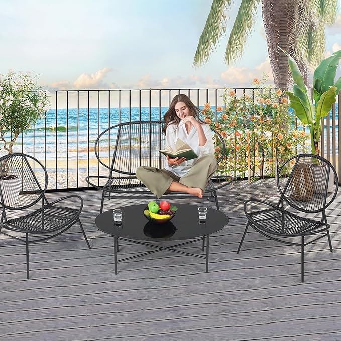 Athena Collection Outdoor Patio Furniture Set 4 Pieces, Metal Outdoor Table and Acapulco Chairs, Small Patio Furniture Bistro Conversation Set for Balcony, Front Porch, Backyard, Gardern, Black
