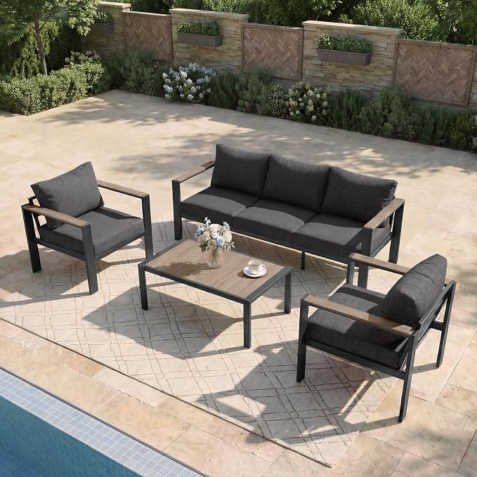 Patio Furniture Set 5 Seats and Coffee Table, Patio Conversation Set with Washable Thick Cushions, Deluxe Aluminum Modern Outside Sectional for Porch, Balcony, Deck, Yard, Dark Gray