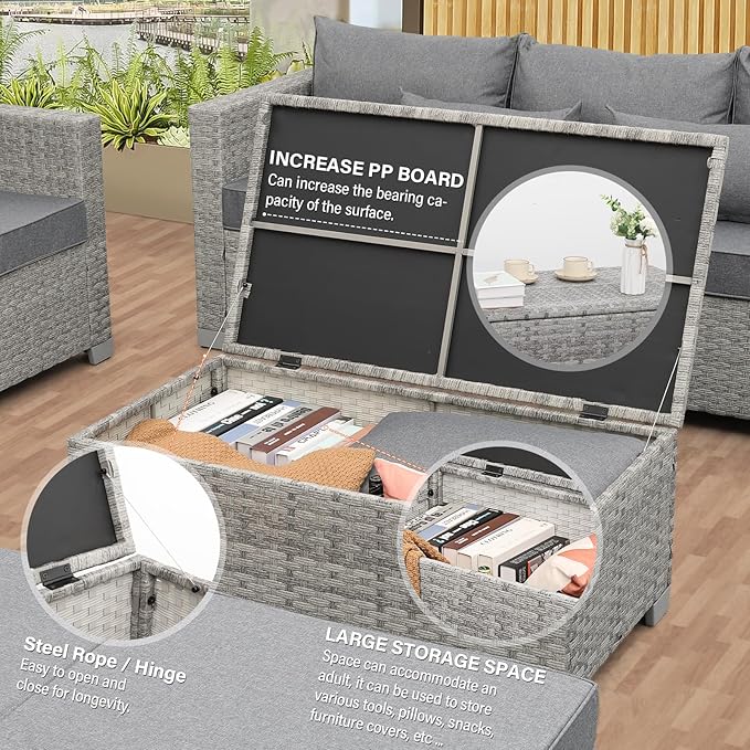 WAROOM Patio Furniture Set 7 Piece Grey Wicker Outdoor Conversation Sets PE Rattan Sectional Sofa with Storage Coffee Table and Anti-Slip Grey Cushion