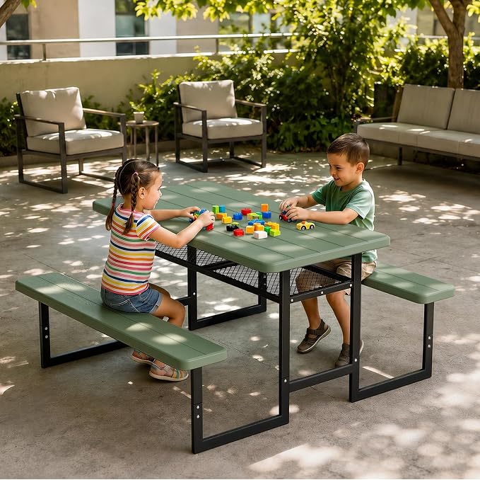 VINGLI Outdoor Picnic Table with Storage Shelf & Umbrella Hole, 4.5FT All Weather Metal Frame HDPE Tabletop Plastic Picnic Table for Dining Party Garden(Green)