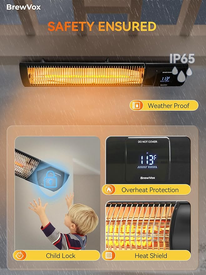 1500W Carbon Infrared Electric Outdoor Patio Heater with Thermostat, Horizontal & Vertical, Smart App-Controlled Scheduling & Remote On/Off, IP65 Weatherproof, Overheat Protection, 24H Timer