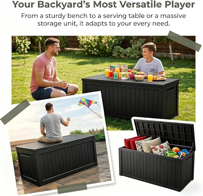 198 Gallon Resin Deck Box – Finally, a Lockable Outdoor Storage That Fits Everything (Cushions, Tools, Pool Gear & BBQ) – Weatherproof Wood Grain Design for Patio, Garden, Office, Home Indoor Outdoor