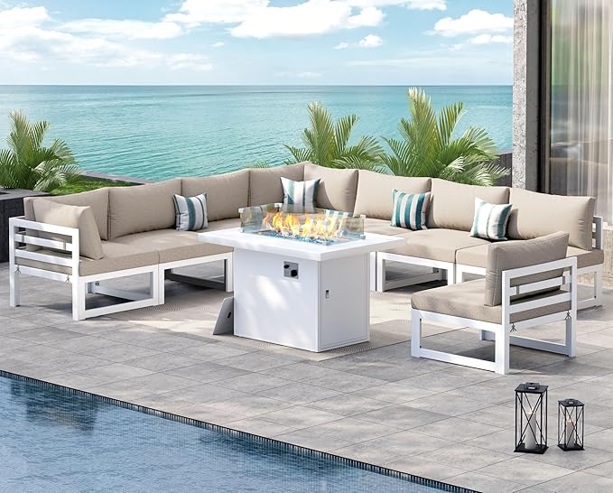 NICESOUL 8 Person Modern Aluminum Outdoor Patio Furniture Set with Fireplace, 29" Wide Deep Seating, Water Resistant L Shaped Sectional Couch, Extra Large Conversation Set for Backyard Terrace, Beige