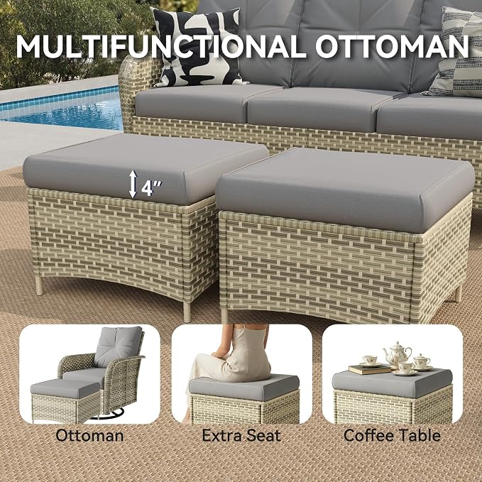 LazySunsets 9 Piece Outdoor Patio Furniture Set with 44'' Fire Pit Table, Wicker Rattan Outdoor Furniture with High Back Swivel Rocker Chairs, Outdoor Sofa Set with Thick Cushions & Ottoman, Grey