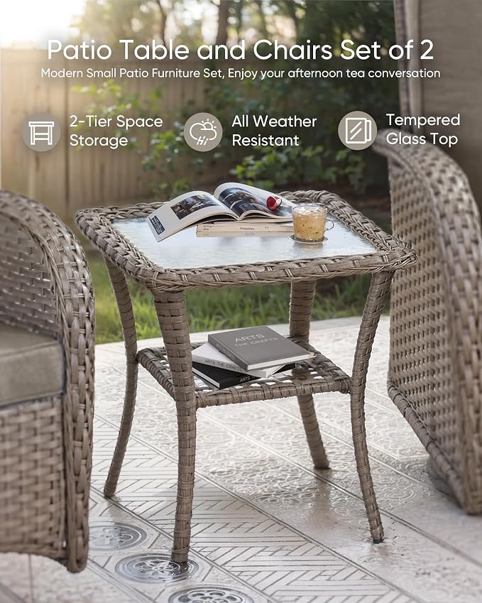 HUMMUH 3-Piece Outdoor Wicker Swivel Rocker Bistro Set, Grey | 2 swivel rocker chairs, 2-tier side table, 4 in Olefin cushions, removable covers, for porch, balcony, and poolside