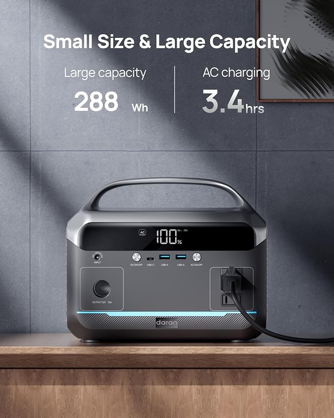 Portable Power Station 350W with 100W Foldable Solar Panel, 288Wh LiFePO4 Solar Generator, 600W Surge Battery Backup, 90,000mAh Outdoor Power Bank for Home Emergency, RV, Camping, Off-Grid, Laptops