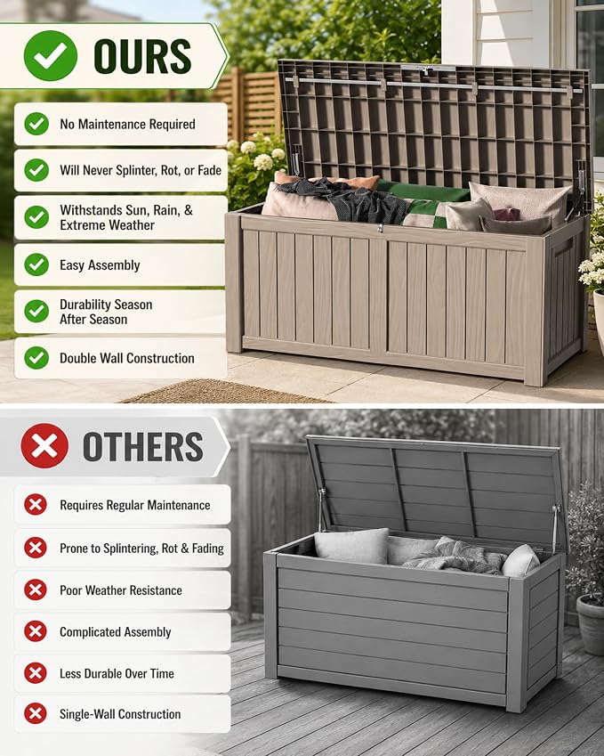 MAKINO 155 Gallon Waterproof Outdoor Storage Box, Large Lockable Deck Box, Indoor Outdoor Resin Storage Bench with Hydraulic Rod for Patio/Cushions/Garden Tools/Backyard/Pool Accessories, Grey Brown