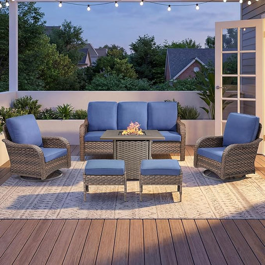 Patio Furniture Set - 6 Pieces All Weather Wicker Outdoor Furniture with 2 Swivel Chairs, 2 Ottomans, 1 Sofa and Fire Pit Table, Ergonomic Design for Porch, Deck, Balcony, Garden, and Backyard(Blue)