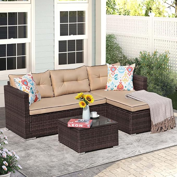 JOIVI Outdoor Patio Furniture Set, Wicker Patio Conversation Set with Tempered Glass Coffee Table, All-Weather Rattan Furniture Small Sectional Sofa Set, L-Shaped Outdoor Seating with Cushions, Brown