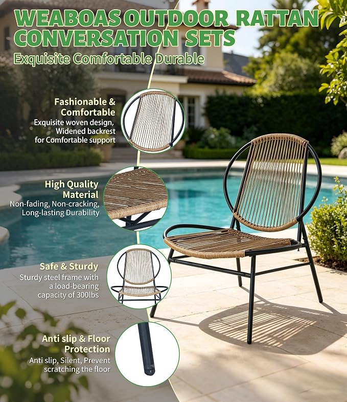 5-Piece Outdoor Patio Furniture Set, Wicker Sofa and Chairs with Cushions, PE Rattan All-Weather Conversation Set with Coffee Table for Backyard, Patio, Poolside, Garden, Deck Natural Wood