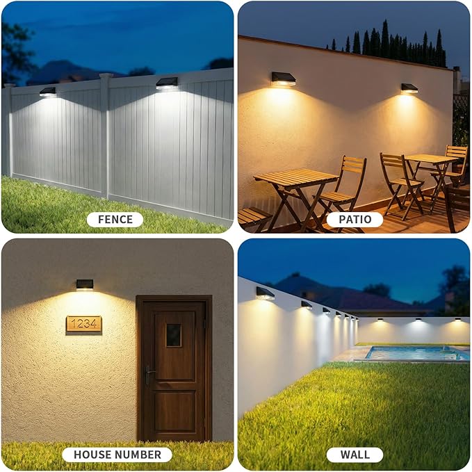NIORSUN Solar Fence Lights 16 Pack, Outdoor Solar Lights with 3 Color Temperatures, IP65 Waterproof Wide-Angle LED Lighting for Fence, Patio, Yard, Deck, Wall, Garden (Black)