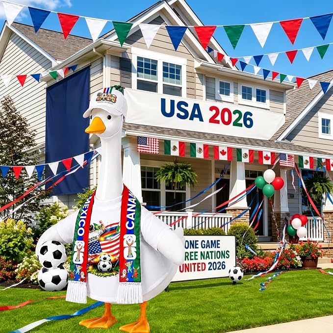2026 World Soccer Goose Outfit for 23 Inch Porch Statue – Triple Nation Flag Design with Soccer Ball for American Fans, Soccer Party, Sport Season Decor – Outdoor Patio Yard Lawn Art
